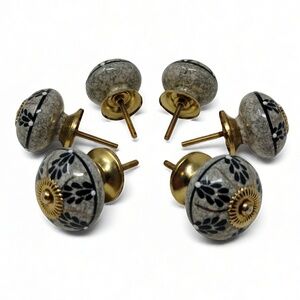Handmade Ceramic Cabinet Knob Set 6 Floral Crackle Glaze Gold Accent Cottagecore